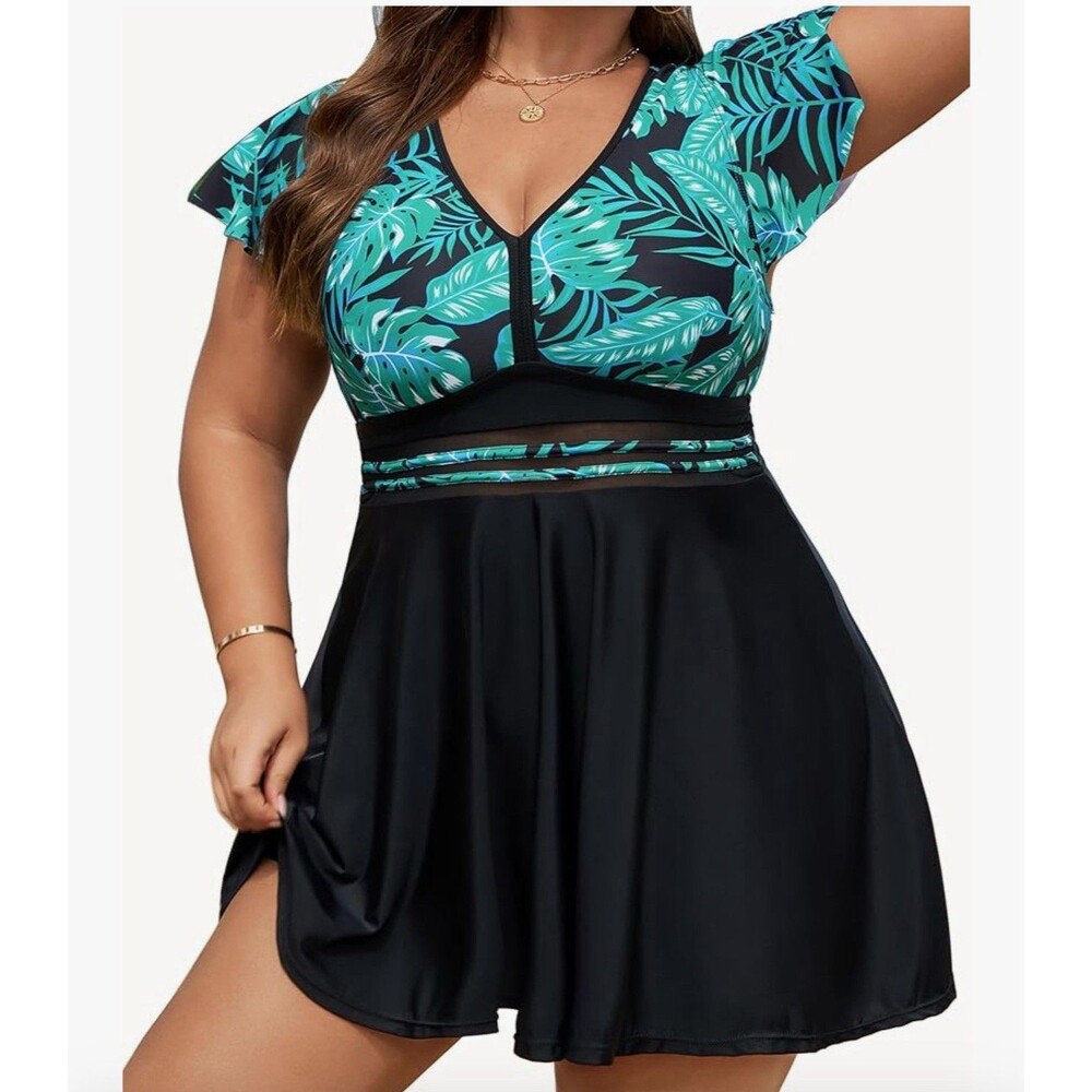 Arolina Plus Size 18w Women's Tankini SwimDress Ruffle V Neck Swimwear NO BOTTOM